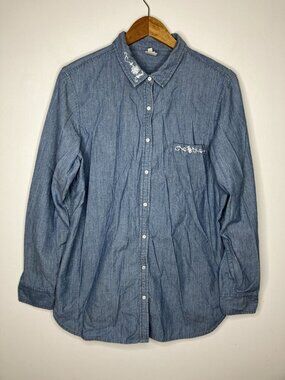 Trouvé Women's Medium Chambray Denim Shirt Embroidered Floral Button Up Top